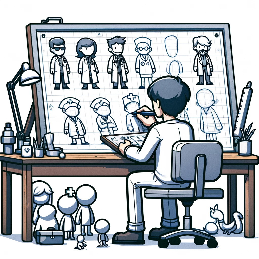 game designer sketching characters for a medical game